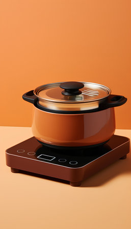 Cooking pot on kitchen scale on orange background. 3d renderingの素材