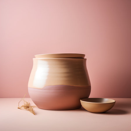 Clay pot and wooden bowl on pink background. Minimal style.の素材