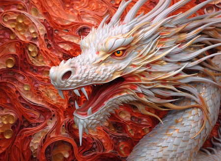 Chinese dragon on a red background, close-up, 3d renderingの素材