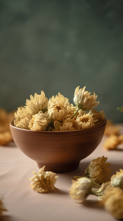 Bouquet of dried chrysanthemums in a clay bowl on a light backgroundの素材