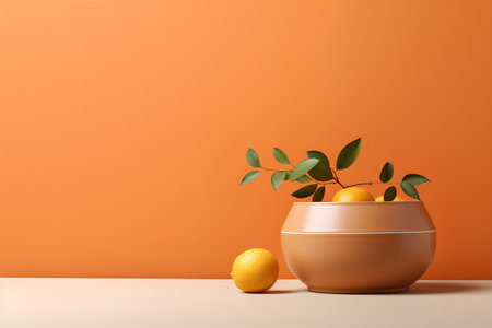 Lemon in ceramic pot on table with orange wall background. 3d renderingの素材