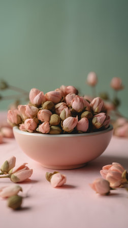 Pink magnolia flowers in a bowl on a pastel background.の素材