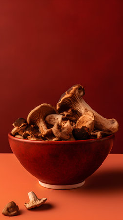 Dried chanterelle mushrooms in a bowl on a red backgroundの素材