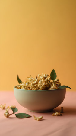 Dry flower petals in bowl on orange background with copy spaceの素材