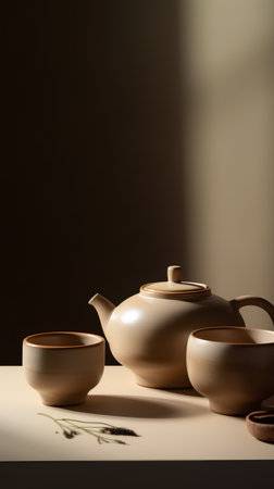 Ceramic teapot and cups on table in dark roomの素材