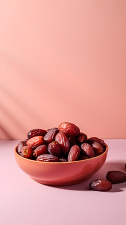 Dried dates fruits in bowl on pink background. Copy space.の素材
