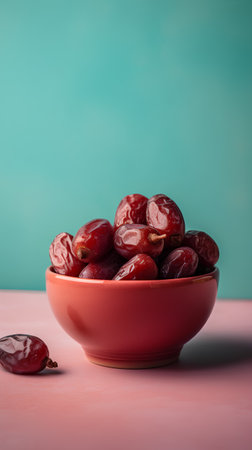 Dried dates in a bowl on a pink and blue background.の素材
