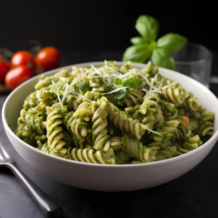 Fusilli pasta with pesto sauce and basil in a bowl on a black backgroundの素材