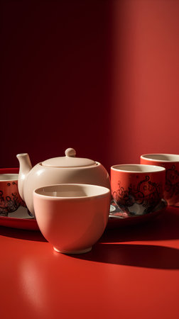 ceramic tea set on a red background with place for your textの素材