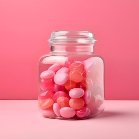Glass jar filled with pink jelly beans on pink background. 3d illustrationの素材