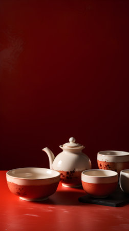 Set of porcelain teapot and cups on red backgroundの素材