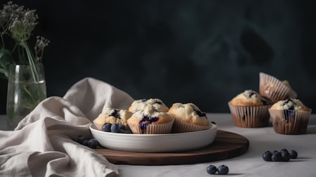 Homemade blueberry muffins with fresh berries on a dark backgroundの素材