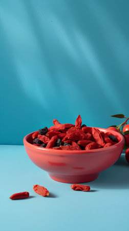 Red dried goji berries in a bowl on a blue background.の素材