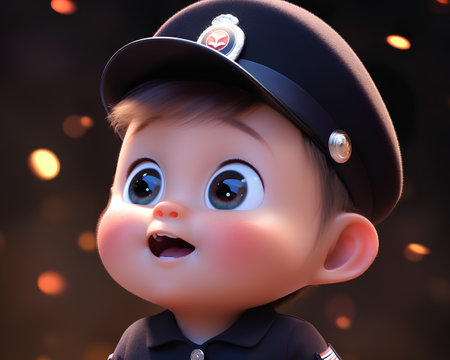 3d rendering of a cute baby boy wearing a police uniform.の素材
