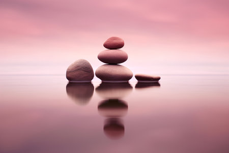 zen stones in water with pink sky background, 3d render illustrationの素材