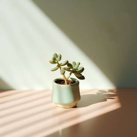 Succulent plant in a pot on a table with sunlight.の素材