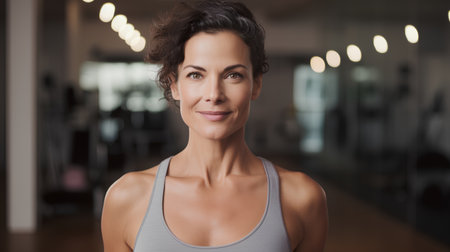 Portrait of a beautiful middle aged woman smiling at the camera in a gymの素材