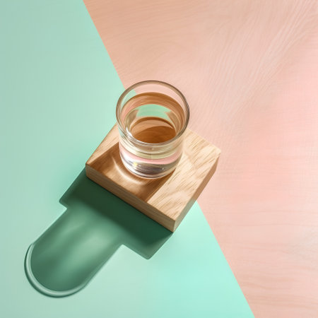 Glass of water on a wooden stand on a green and blue backgroundの素材