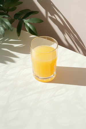 Glass of fresh orange juice with green leaves on a light background.の素材