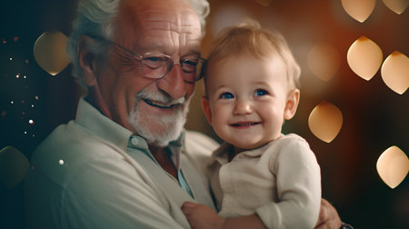 Portrait of a happy grandfather with his grandson at home. Christmas.の素材
