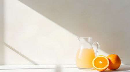 Fresh orange juice in a glass jug on a light background, copy space.の素材