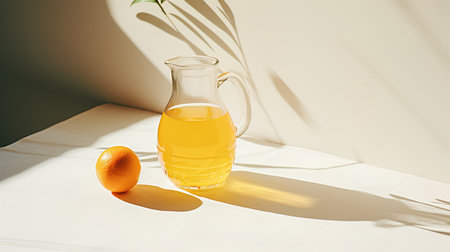 Fresh orange juice in a glass jug on a white table with shadows from a palm leaf.の素材