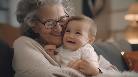 Portrait of happy senior woman and her granddaughter at home. They are smiling and looking at cameraの素材