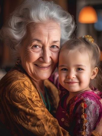 Portrait of a smiling senior woman with her granddaughter at home.の素材