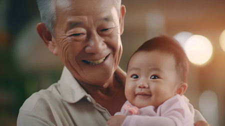 Portrait of asian senior man with his cute baby girl.の素材