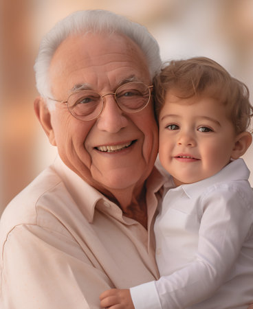 Portrait of a happy senior man with his grandchild at homeの素材