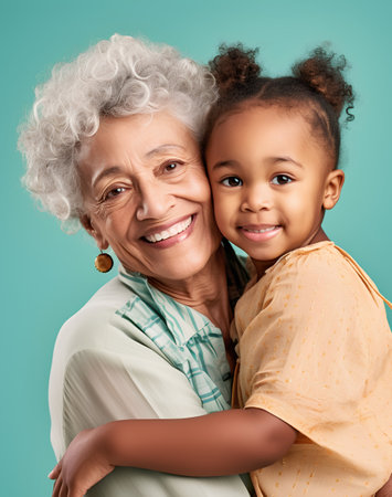 Cheerful grandmother and granddaughter looking at camera and smiling while standing against blue backgroundの素材