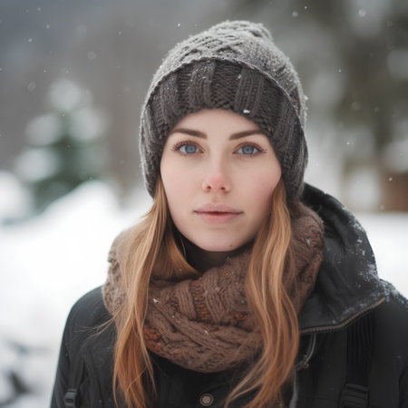 Portrait of a beautiful young woman in a hat and scarf outdoors in winterの素材
