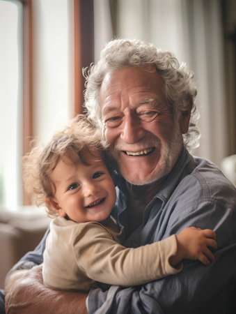 Portrait of a happy grandfather with his grandchild at home.の素材