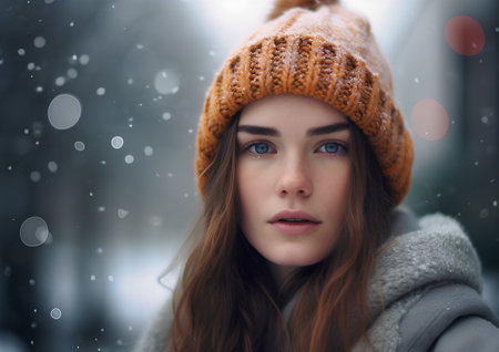 Portrait of a beautiful young woman in a hat and coat on a background of winter forestの素材