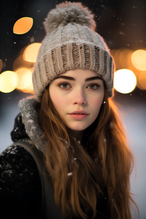 Beautiful young woman in winter clothes on a background of the night city.の素材