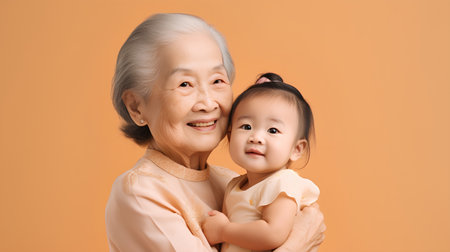 Asian senior woman and little girl hugging each other, isolated over orange backgroundの素材