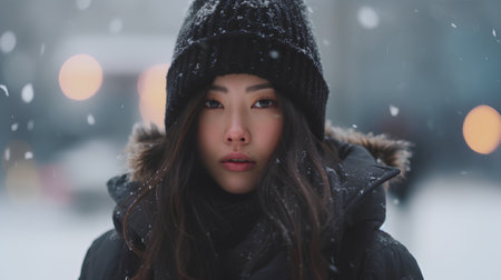 Beautiful young asian woman in the city on a snowy winter dayの素材