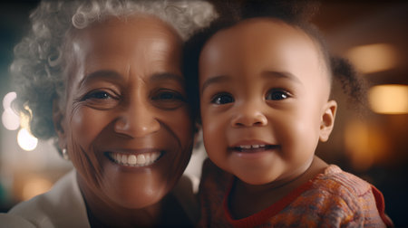 Portrait of happy African-American grandmother with her grandchild at homeの素材