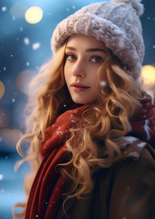 Winter fashion. Portrait of a beautiful young woman in winter clothes posing outdoors.の素材