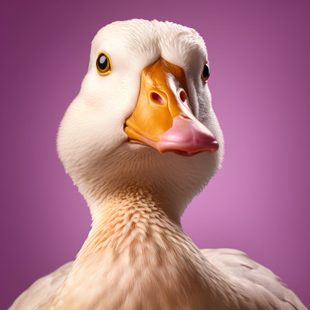 Portrait of a white duck on a purple background. 3d renderingの素材