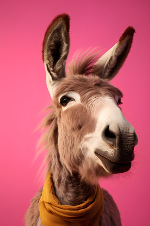 Studio shot of a Burro wearing a yellow scarf against a pink background.の素材