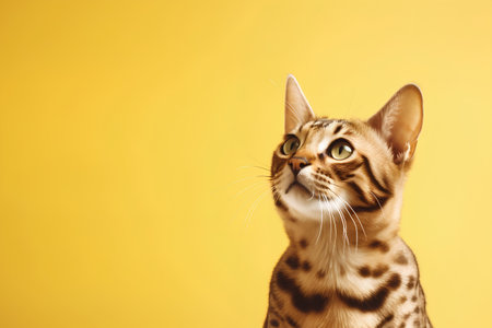 Portrait of bengal cat on yellow background with copy spaceの素材