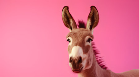 Portrait of a donkey on a pink background. Copy space.の素材