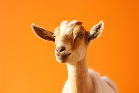 Portrait of a young goat on an orange background. Close-up.の素材