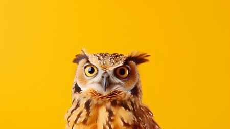 Portrait of a beautiful owl on a yellow background. Copy space.の素材