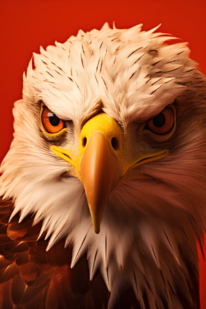 Portrait of an eagle on a red background. Close-up.の素材