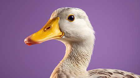Portrait of a duck on a purple background. Close-up.の素材