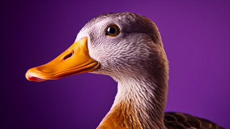 Duck isolated on purple background. Close-up portrait of a duck.の素材