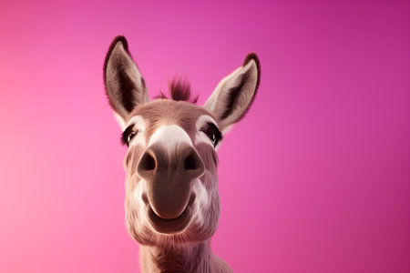 Portrait of a funny donkey on a pink background. 3d renderingの素材