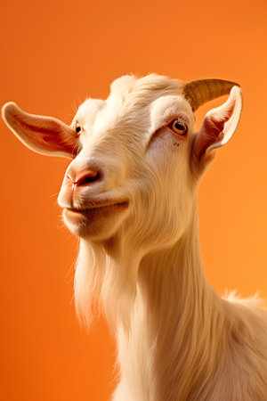 Portrait of a white goat with horns on an orange background.の素材
